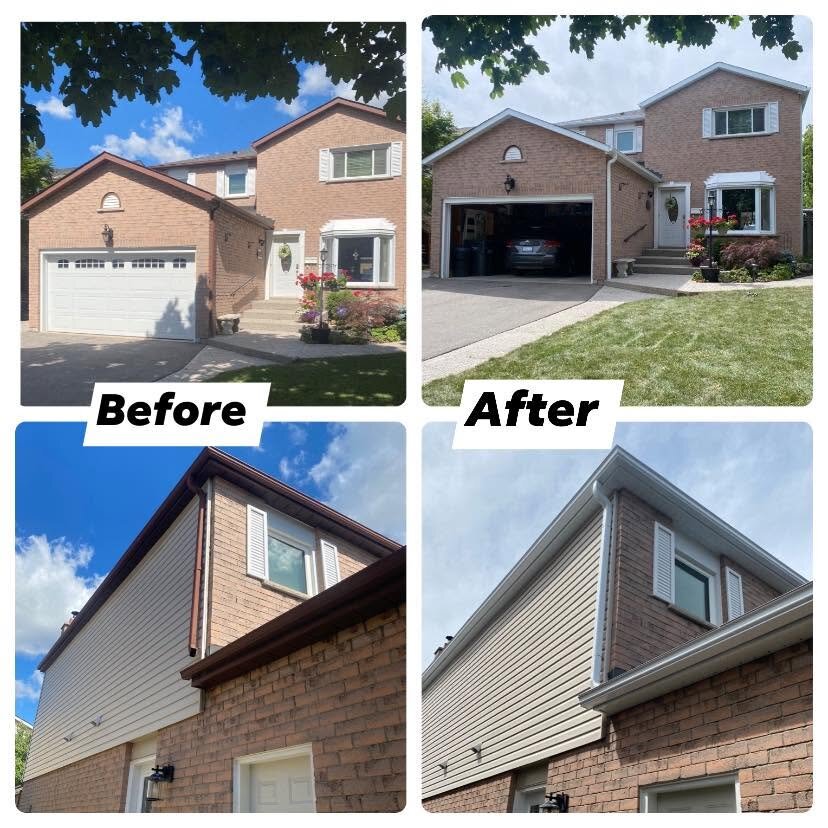 Before-and-after comparison of fascia and roof-edge repair work on a garage.