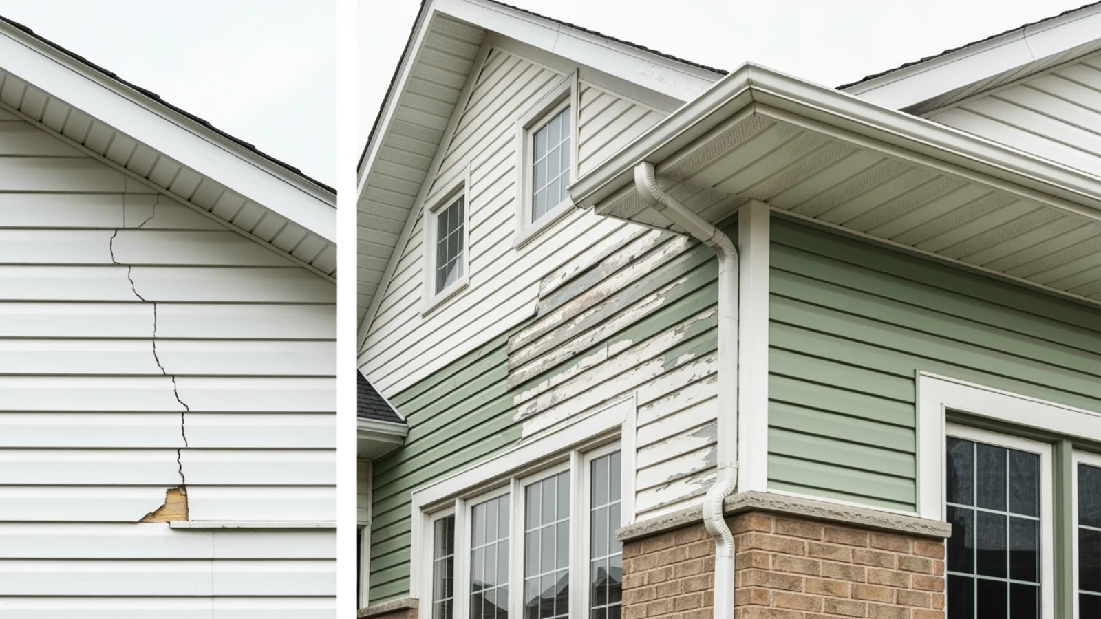 Editorial comparison of isolated cracked siding and broader worn siding across a home exterior.