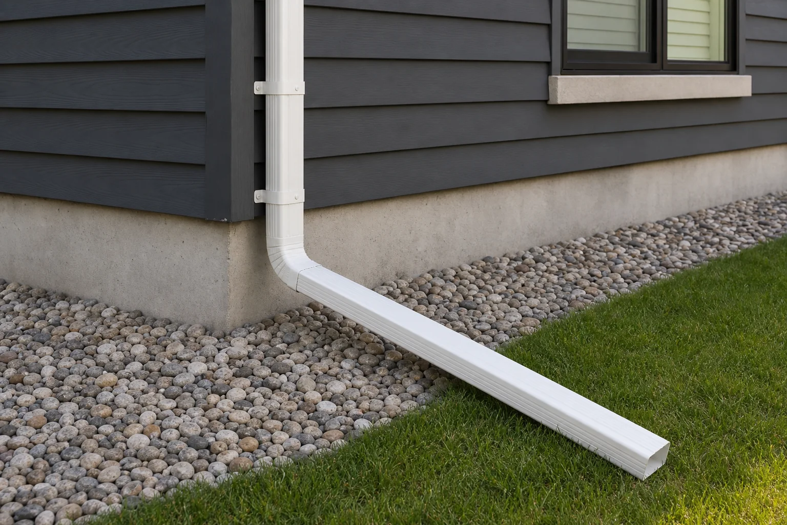 White downspout and long extension carrying water away from a concrete foundation.