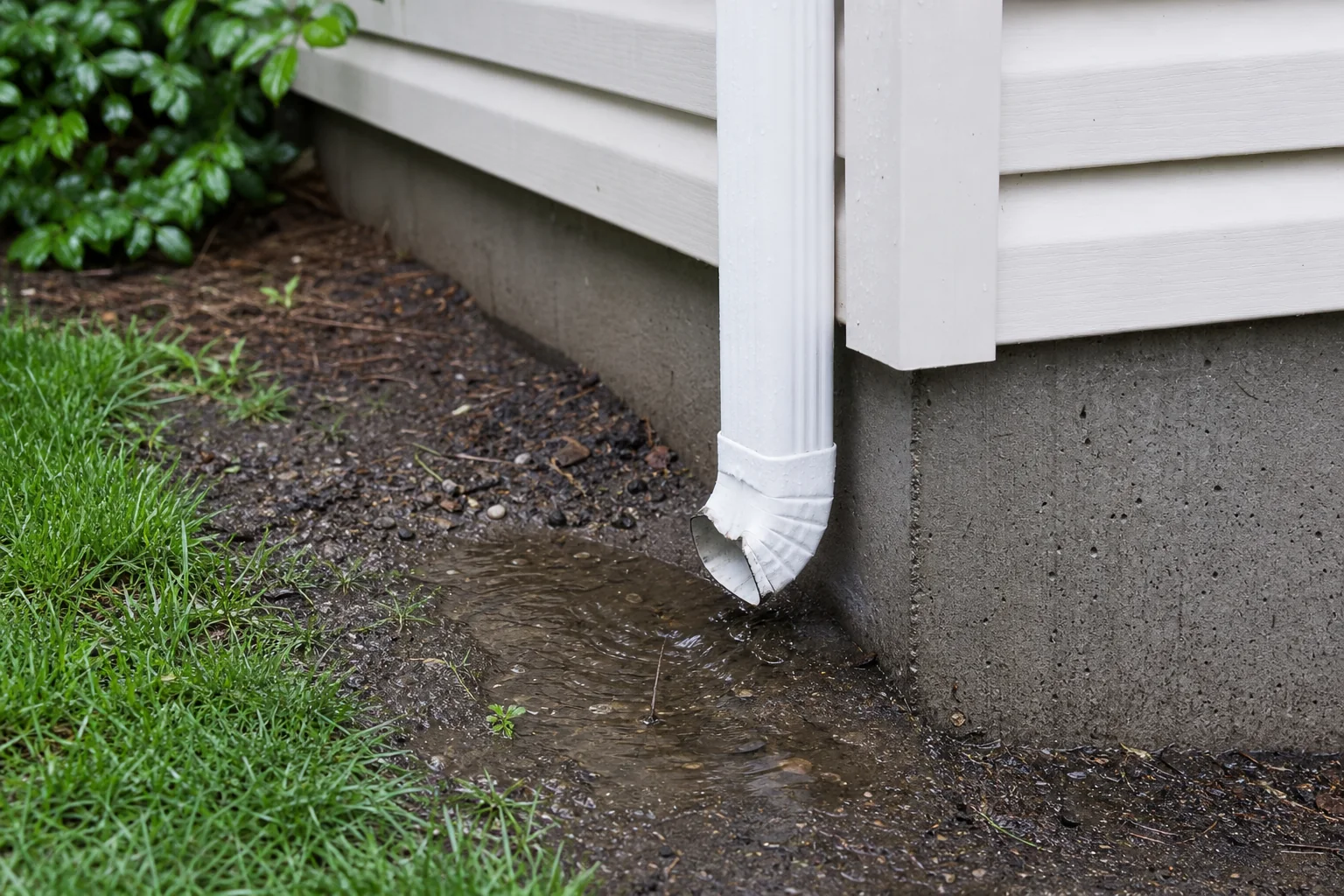 Short white downspout discharging rainwater directly beside a concrete foundation.