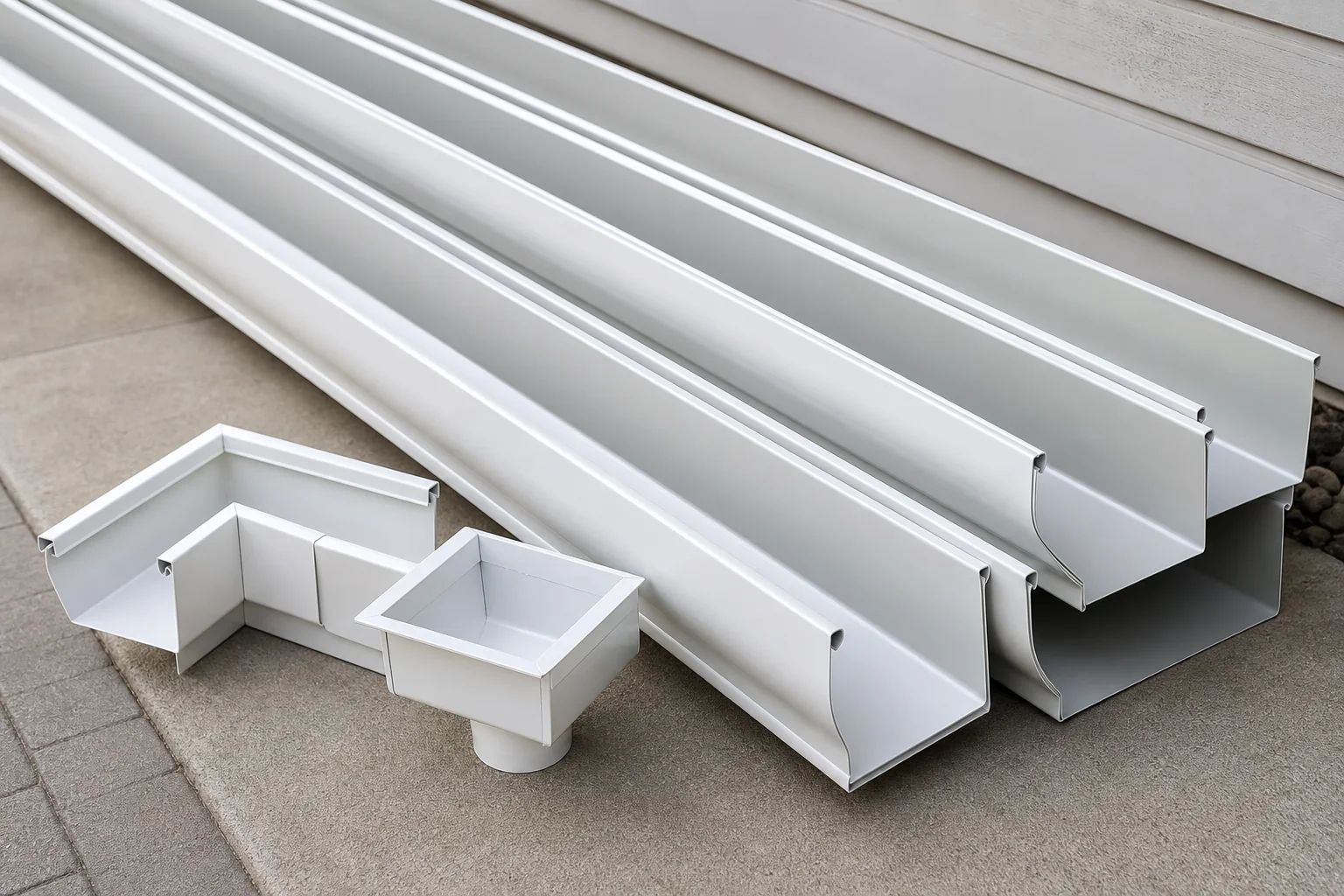 New white seamless aluminum eavestrough sections arranged before installation.