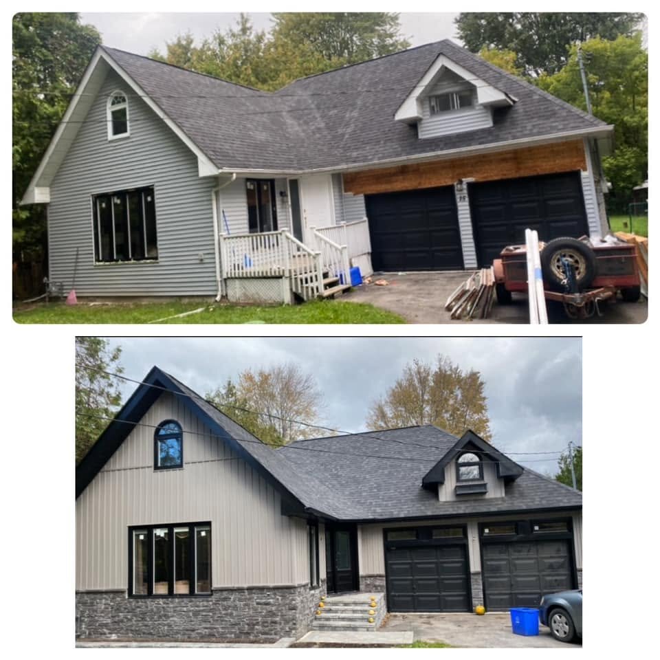Before-and-after comparison of a home exterior changed to vertical board-and-batten siding.