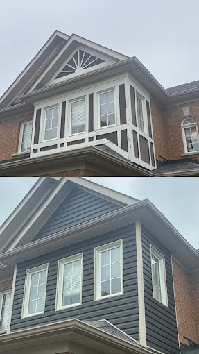 Before-and-after siding comparison around a projecting bay window.