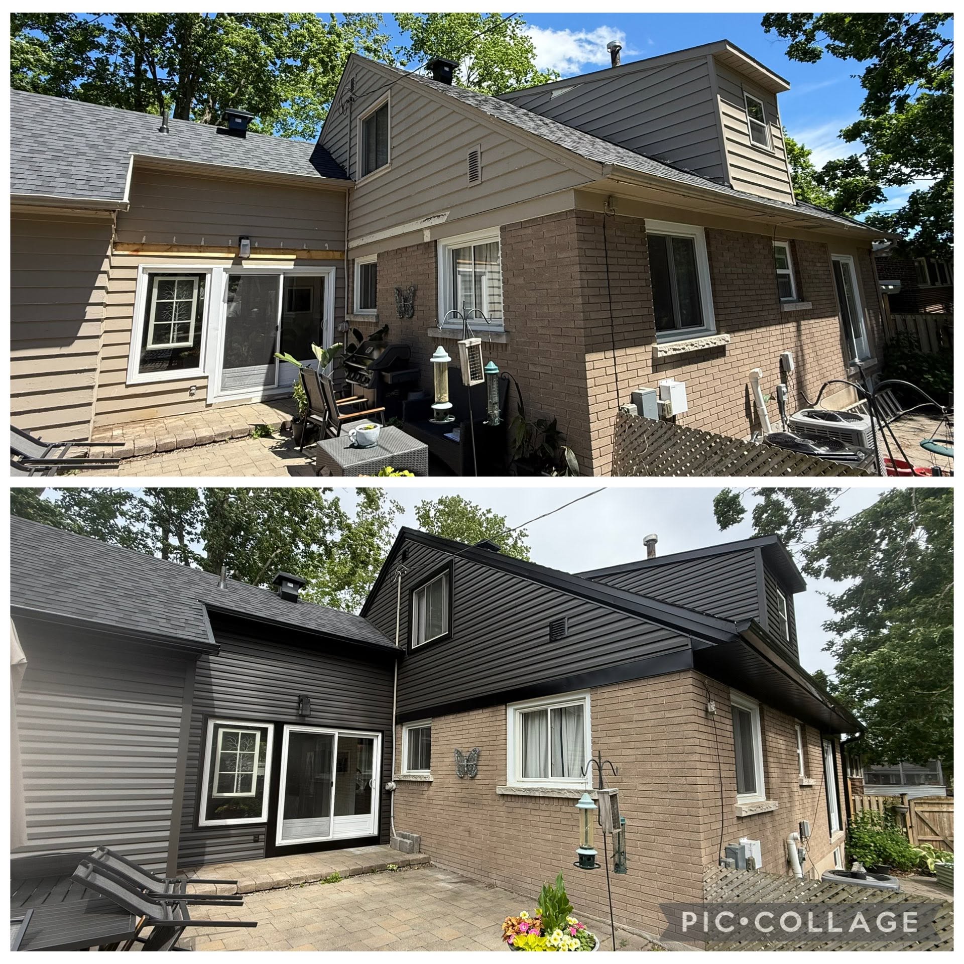 Before-and-after collage of a brick home changed from light siding to dark horizontal siding.