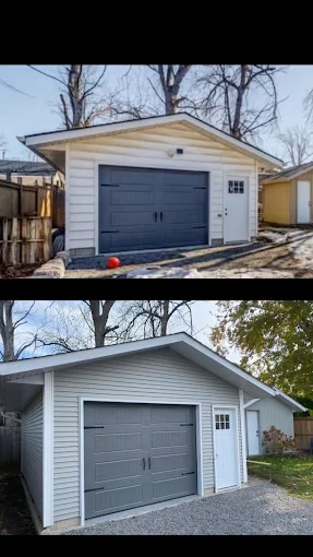 Before-and-after comparison of siding on a detached garage.
