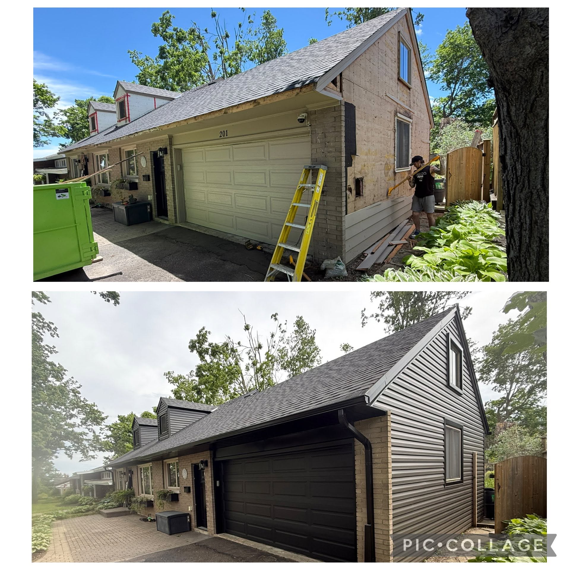 Before-and-after collage of a garage changed from exposed sheathing to dark siding and roofline trim.