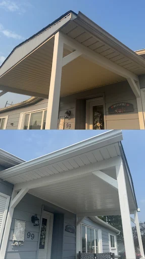 Before-and-after comparison of porch soffit and fascia work.