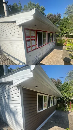Before-and-after comparison of siding on a rear home addition.