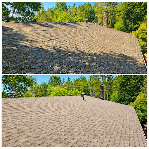 Before-and-after comparison of an asphalt shingle roof installation.