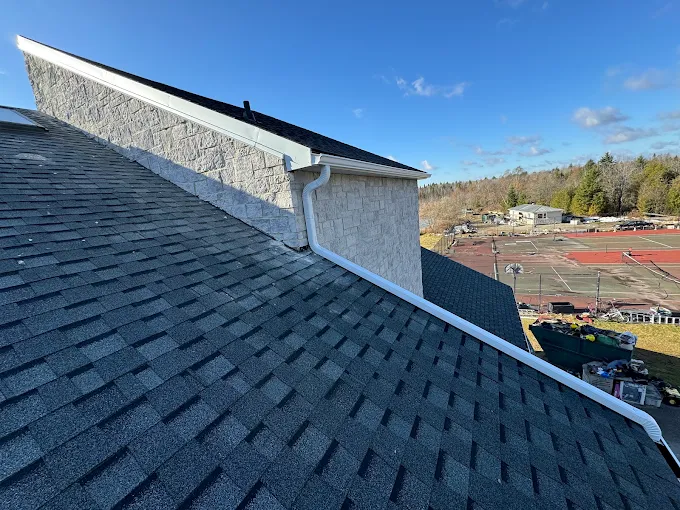 Asphalt shingle roof and eaves detail viewed from above the roof edge.