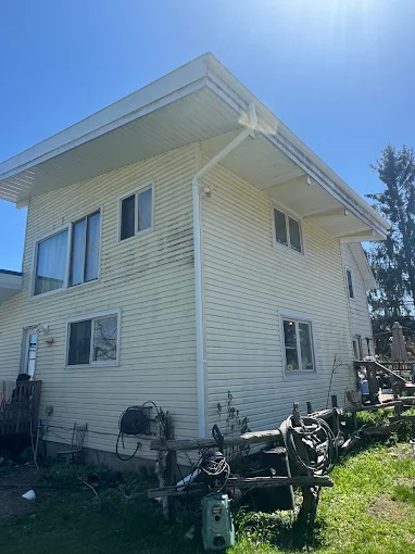 Weathered light-coloured siding showing surface dirt and age.
